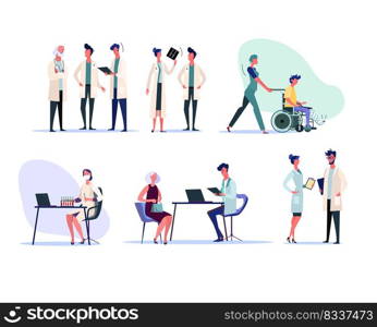 Medical professionals set. Doctors studying x-ray, talking to patient, working in lab. People concept. Vector illustration for topics like hospital, medicine, first aid