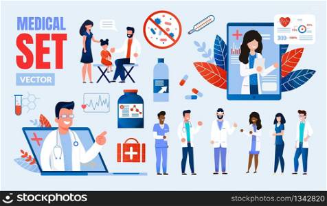 Medical Professionals Trendy Flat Vector Multinational Characters Set. Female, Male Doctors, Nurse, Clinic Personnel, Patients Visiting Practitioner, Doctor Consulting People Online Illustrations