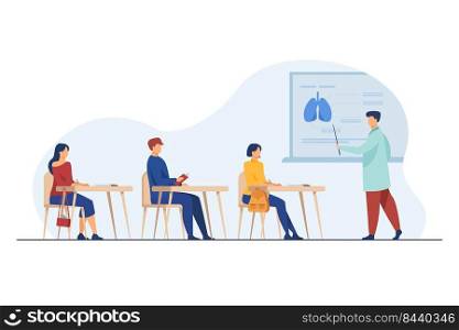 Medical professor presenting organ infographics to audience. College students listening to lecture in classroom. Vector illustration for school, class, lesson, studying, education concept