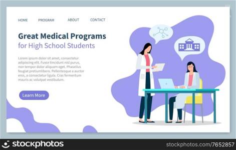 Medical programs for high school students, doctors at laboratory. People talking about university. Medical worker and colleague. Website or webpage template, landing page, vector in flat style. Medical Programs for High School Students, Web
