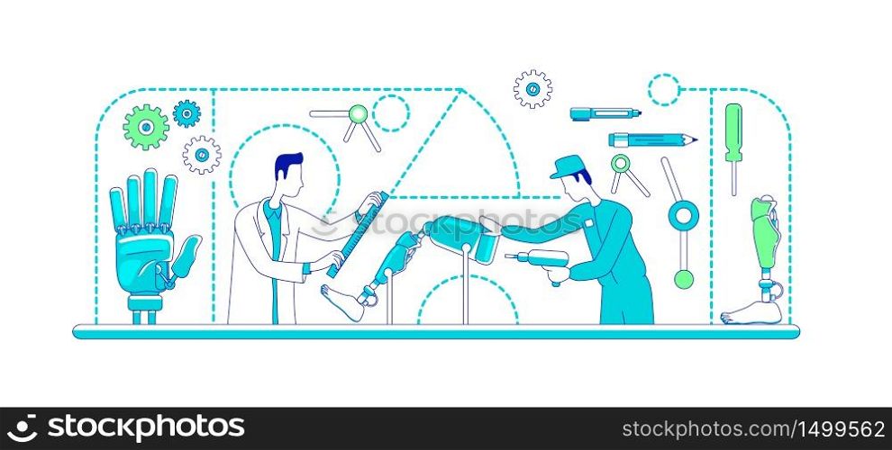 Medical prosthetics thin line concept vector illustration. Scientist and engineer 2D cartoon characters for web design. Lab workers developing artificial body parts. Limbs replacement creative idea. Medical prosthetics thin line concept vector illustration