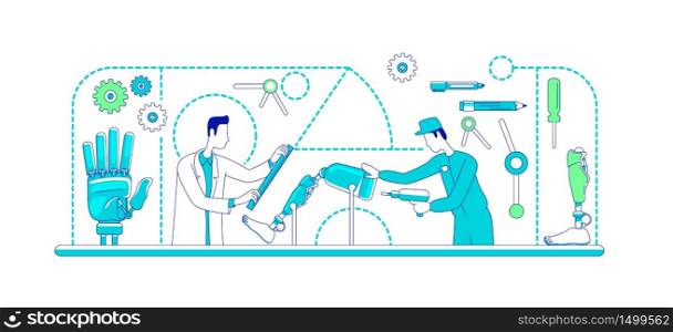 Medical prosthetics thin line concept vector illustration. Scientist and engineer 2D cartoon characters for web design. Lab workers developing artificial body parts. Limbs replacement creative idea. Medical prosthetics thin line concept vector illustration