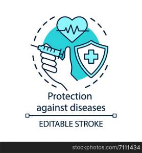 Medical protection against diseases concept icon. Healthy lifestyle, Vaccination idea thin line illustration. Shield with cross, syringe and heart vector isolated outline drawing. Editable stroke
