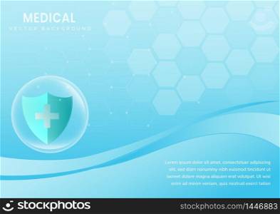 Medical protection shield on light blue background decor hexagon. You can use for ad, poster, template, business presentation. Vector illustration
