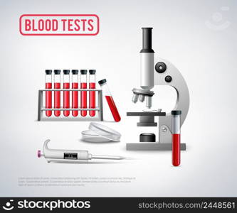 Medical realistic background with microscope unit and set of glass vials filled with blood for testing vector illustration. Blood Testing Set Background