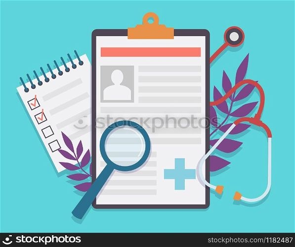 Medical record. Patient card medical history and diagnosis, medicine checklist with checkbox. Healthcare insurance service vector healthy document concept. Medical record. Patient card medical history and diagnosis, medicine checklist with checkbox. Healthcare insurance service vector concept