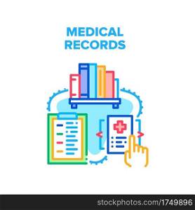 Medical Records Vector Icon Concept. Alphabetized Medical Records And Patient History, Checklist Of Examination Illness Human And Insurance Documentation. Paper Work Color Illustration. Medical Records Vector Concept Color Illustration