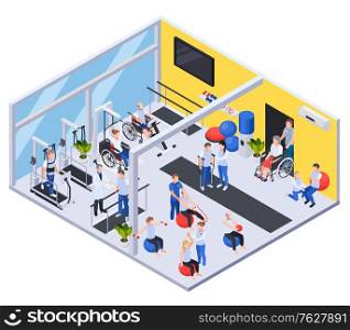 Medical rehabilitation center interior isometric view with physiotherapy treatment exercises for injured disabled recovering patients vector illustration