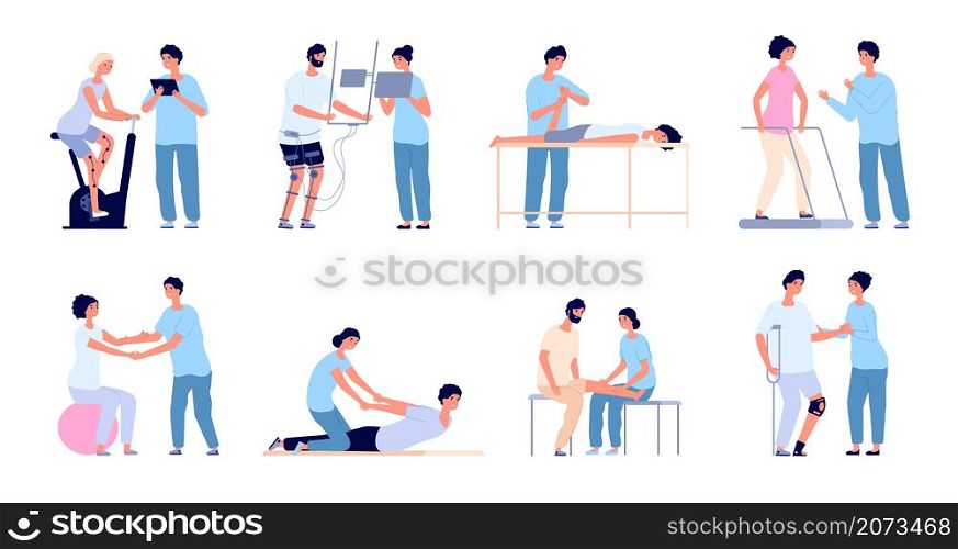 Medical rehabilitation. Flat rehab people collection, clinic of physiotherapy exercise. Disability patient, orthopedic disorders utter vector set. Illustration orthopedic and physiotherapy exercise. Medical rehabilitation. Flat rehab people collection, clinic of physiotherapy exercise. Disability patient, orthopedic disorders utter vector set