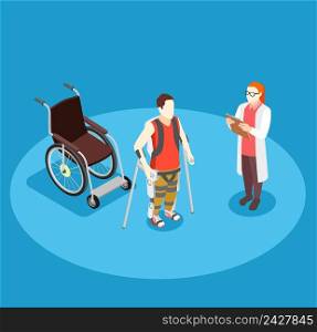 Medical rehabilitation isometric composition with doctor and patient on crutches with bionic prothesis after surgery vector illustration    . Medical Rehabilitation Isometric Composition