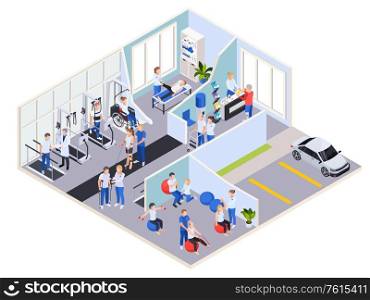 Medical rehabilitation physiotherapy center interior reception exercises massage treatment and exterior parking lot isometric view vector illustration