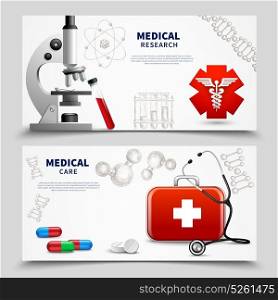 Medical Research Banners Set. Two horizontal medical care banners set with realistic images of ambulance box equipment and molecule signs vector illustration