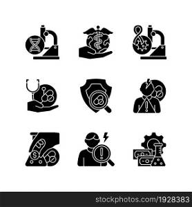 Medical research black glyph icons set on white space. Genetic disease study. Check safety new medication. Adverse effects. Cancer clinical trials. Silhouette symbols. Vector isolated illustration. Medical research black glyph icons set on white space
