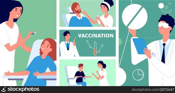 Medical research. Finding vaccine, antivirus vaccinating people. Vaccination new medications, doctors nurse patients. Pharmaceutical lab vector concept. Illustration virus vaccine, antivirus banner. Medical research. Finding vaccine, antivirus vaccinating people. Vaccination with new medications, doctors nurse patients. Pharmaceutical lab vector concept