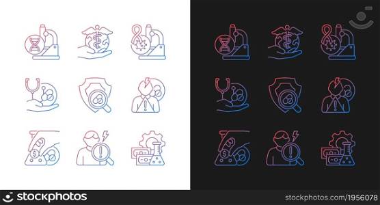 Medical research gradient icons set for dark and light mode. Check safety new medication. Thin line contour symbols bundle. Isolated vector outline illustrations collection on black and white. Medical research gradient icons set for dark and light mode
