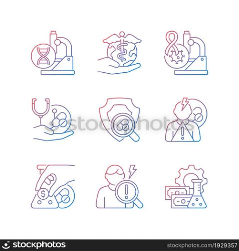 Medical research gradient linear vector icons set. Genetic disease study. Check safety new medication. Adverse effects. Thin line contour symbols bundle. Isolated outline illustrations collection. Medical research gradient linear vector icons set