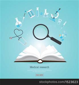 Medical research healthcare with open book and Medical equipment, flat banners conceptual flat design vector illustration.