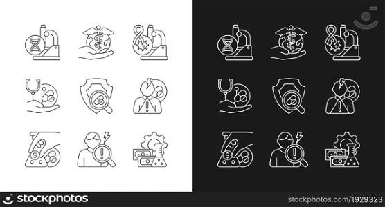 Medical research linear icons set for dark and light mode. Genetic disease study. Check safety new medication. Customizable thin line symbols. Isolated vector outline illustrations. Editable stroke. Medical research linear icons set for dark and light mode