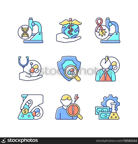 Medical research RGB color icons set. Genetic disease study. Check safety new medication. Adverse effects. Cancer clinical trials. Isolated vector illustrations. Simple filled line drawings collection. Medical research RGB color icons set