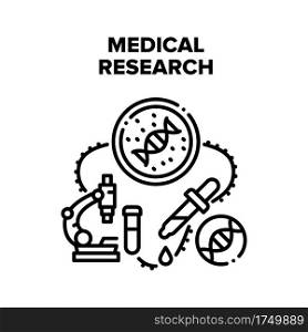Medical Research Vector Icon Concept. Medical Research Molecular Laboratory Analysis And Examination Blood Or Dna. Microscope Lab Equipment For Research. Biotechnology Black Illustration. Medical Research Vector Black Illustrations