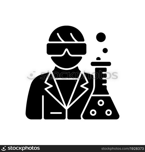 Medical researcher black glyph icon. Biomedical scientist. Develop methods for treating disease. Scientific investigation. Silhouette symbol on white space. Vector isolated illustration. Medical researcher black glyph icon
