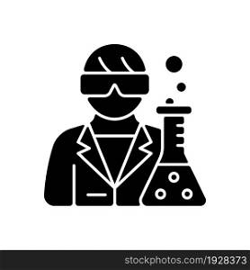 Medical researcher black glyph icon. Biomedical scientist. Develop methods for treating disease. Scientific investigation. Silhouette symbol on white space. Vector isolated illustration. Medical researcher black glyph icon
