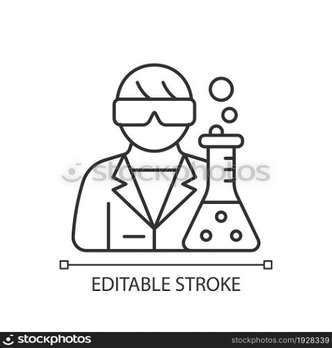 Medical researcher linear icon. Biomedical scientist. Develop methods for treating disease. Thin line customizable illustration. Contour symbol. Vector isolated outline drawing. Editable stroke. Medical researcher linear icon