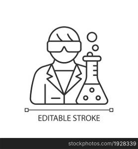 Medical researcher linear icon. Biomedical scientist. Develop methods for treating disease. Thin line customizable illustration. Contour symbol. Vector isolated outline drawing. Editable stroke. Medical researcher linear icon
