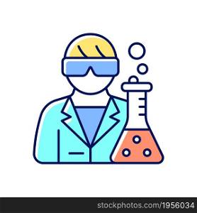 Medical researcher RGB color icon. Biomedical scientist. Develop methods for treating disease. Scientific investigation. Conduct experiments. Isolated vector illustration. Simple filled line drawing. Medical researcher RGB color icon