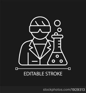 Medical researcher white linear icon for dark theme. Develop methods for treating disease. Thin line customizable illustration. Isolated vector contour symbol for night mode. Editable stroke. Medical researcher white linear icon for dark theme