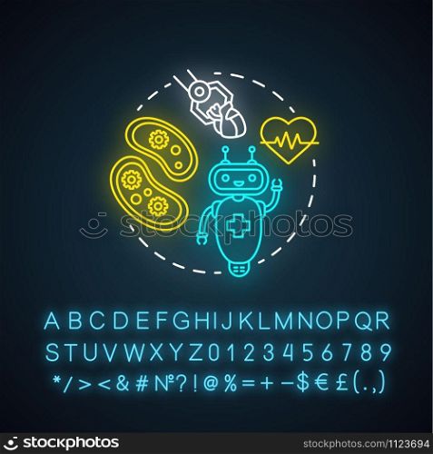 Medical robotics neon light concept icon. Health care computer machines idea. Innovative hospital system. Glowing sign with alphabet, numbers and symbols. Vector isolated illustration
