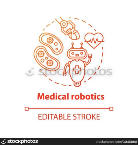 Medical robotics red concept icon. Health care computer machines idea thin line illustration. Types of robots. Innovative hospital system. Vector isolated outline drawing. Editable stroke