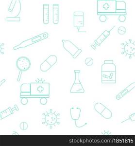 Medical sample with healthcare items, vector. Seamless background with attributes of a laboratory, hospital or pharmacy. Shining medicine pattern.. Medical sample with healthcare items, vector.