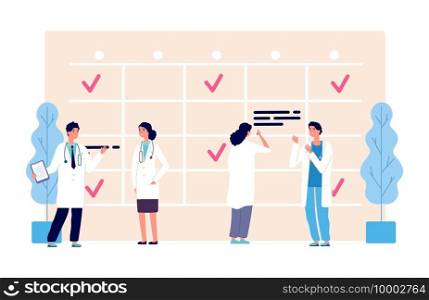Medical schedule. Doctors work schedule vector illustration. Clinic team, agenda, hospital staff characters. Medical doctor appointment, medicine schedule service. Medical schedule. Doctors work schedule vector illustration. Clinic team, agenda, hospital staff characters