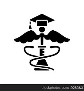 Medical school for research black glyph icon. Science and lab research. Advance human health. Contribute to world of medicine. Pharmacy. Silhouette symbol on white space. Vector isolated illustration. Medical school for research black glyph icon
