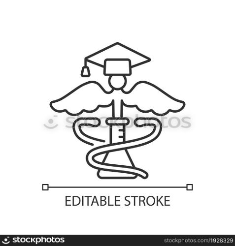 Medical school for research linear icon. Science and lab research. Advance human health. Thin line customizable illustration. Contour symbol. Vector isolated outline drawing. Editable stroke. Medical school for research linear icon