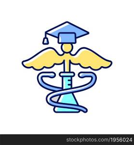 Medical school for research RGB color icon. Science and lab research. Advance human health. Contribute to world of medicine. Pharmacy program. Isolated vector illustration. Simple filled line drawing. Medical school for research RGB color icon