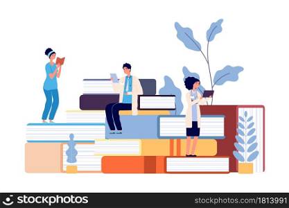 Medical school students. Doctors studying, hospital staff reading books. Refresher courses for nurse, healthcare professor college vector illustration. Medical study, medicine and health. Medical school students. Doctors studying, hospital staff reading books. Refresher courses for nurse, healthcare professor college vector illustration
