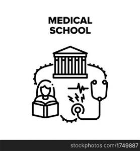 Medical School Vector Icon Concept. Medical School Building For Prepare Doctors And Nurses, Woman Student Education Research Heart Beat With Stethoscope And Reading Medicine Book Black Illustration. Medical School Vector Black Illustrations