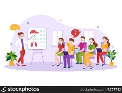 Medical School with Students Listening to Doctor Lecture and Learning Science in Classroom in Flat Cartoon Hand Drawn Template Illustration