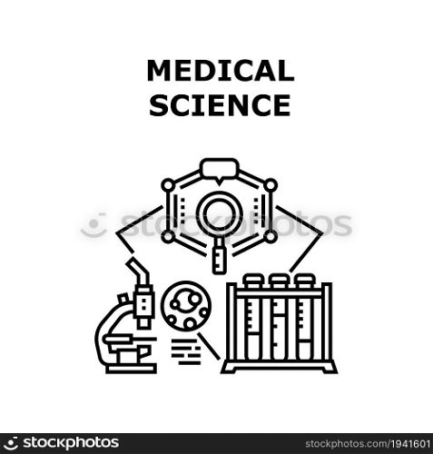 Medical Science Vector Icon Concept. Medical Science Equipment For Developing, Discovery Vaccine And Pharmaceutical Pills, Chemistry Experiment And Pharmacy Testing Black Illustration. Medical Science Vector Concept Black Illustration