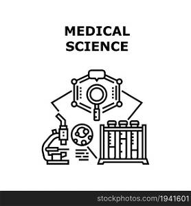 Medical Science Vector Icon Concept. Medical Science Equipment For Developing, Discovery Vaccine And Pharmaceutical Pills, Chemistry Experiment And Pharmacy Testing Black Illustration. Medical Science Vector Concept Black Illustration