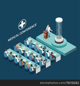 Medical scientific conference isometric hall interior element with dna model podium presentation for participants background vector composition