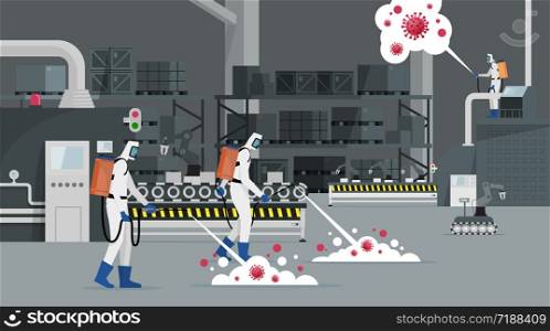 Medical scientist cleaning and disinfecting covid-19 coronavirus cells in a factory. Epidemic virus concept. Pandemic health risk.