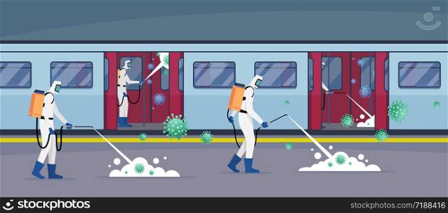 Medical scientist cleaning and disinfecting covid-19 coronavirus cells in public subway. Epidemic virus concept. Pandemic health risk.