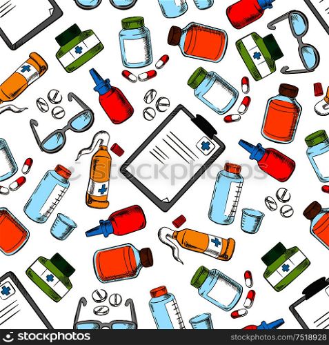 Medical seamless background. Wallpaper with vector pattern icons of ophthalmology supplies and medications eye drops, dropper, ointment, pills, vial, glasses, prescription. Medical wallpaper. Seamles pattern background