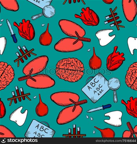 Medical seamless pattern of human hearts and lungs, brains and teeth, blood test tubes and charts for visual acuity testing, pipettes and enemas on cyan background. Medicine or healthcare theme design. Medicine and healthcare seamless pattern