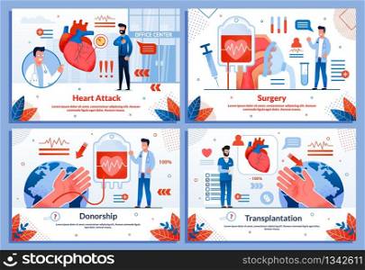 Medical Service Advertising Banner Flat Set. Heart Attack and Cardiovascular Diseases. Surgery and Transplantation. Donorships. Doctor and Patients Characters. Vector Cartoon Illustration. Heart Attack Cardiovascular Diseases Banner Set