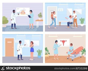 Medical service for patients flat color vector illustrations set. Doctor appointment. Fully editable 2D simple cartoon characters collection with hospital office on background. Bebas Neue font used. Medical service for patients flat color vector illustrations set