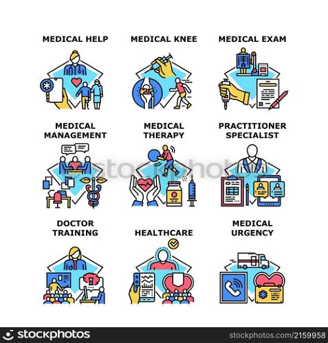 Medical service Healthcare, exam, management, therapy, Practitioner specialist, Doctor trainig, knee, Urgency, help vector concept color illustration. Medical service concept icon vector illustration